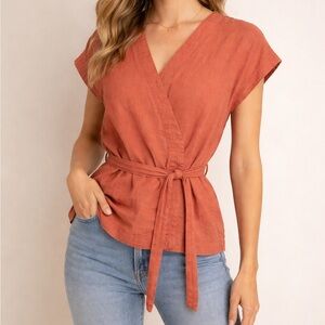 Pure Navy Linen Wrap-Style Orange Blouse